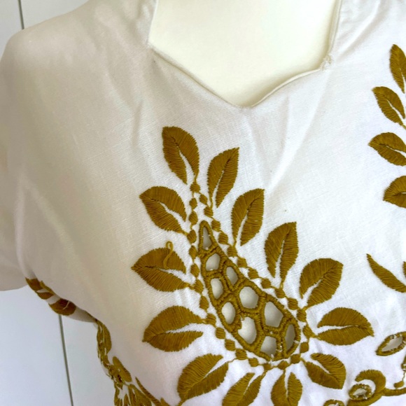 Vintage Original Franklin Chicago White Linen Midi Dress w/ Detailed Embroidery - Picture 4 of 7